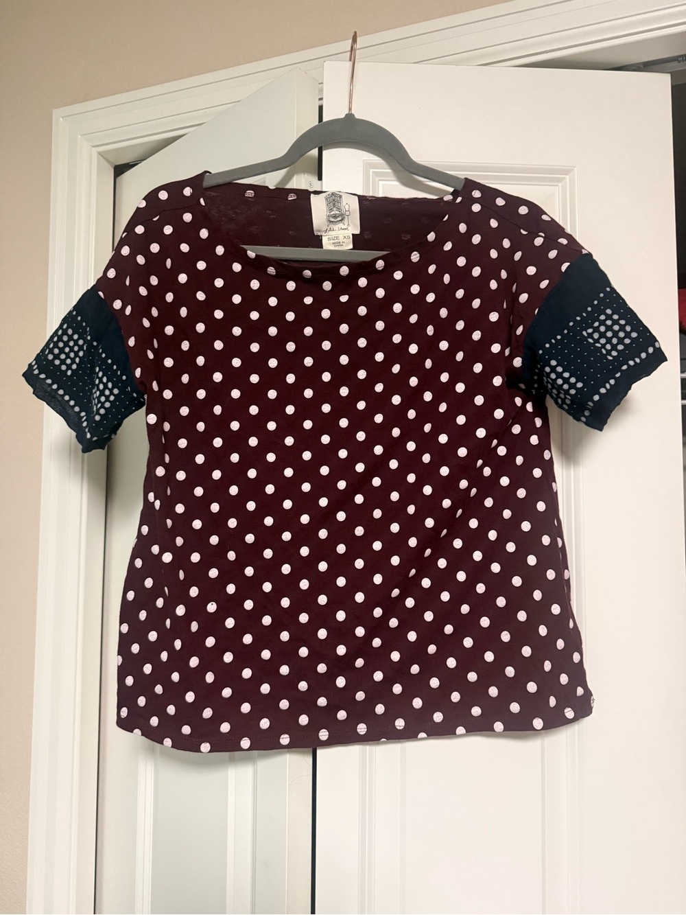 Anthropologie Burgundy Polka Dot Short Sleeve